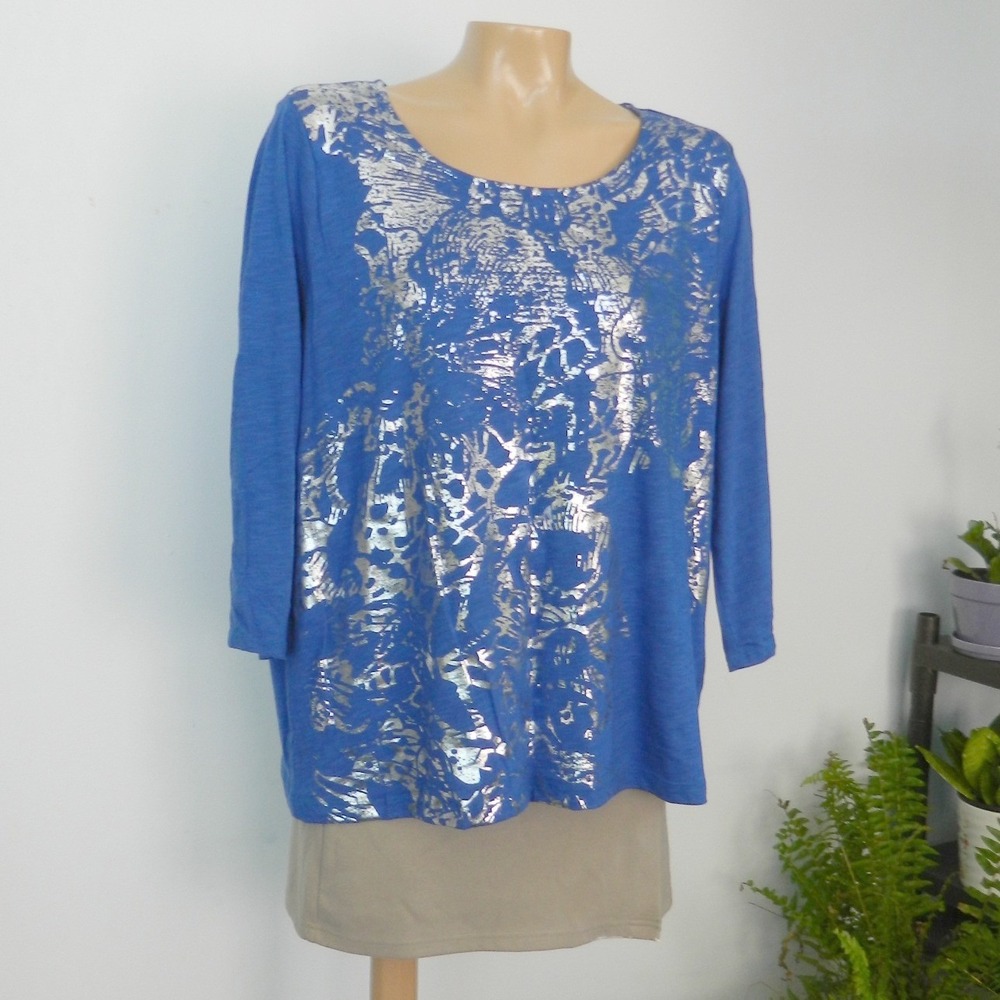 Zenergy by Chico's Top Women Size 2 Blue Silver Metallic Foil 3/4 Sleeve Scoop